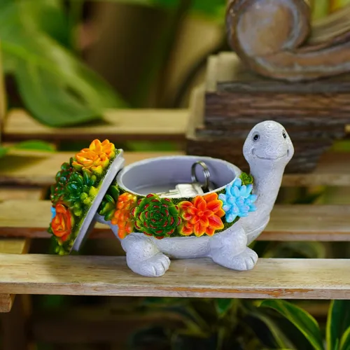 Vista 4 de Estatua oculta de llave de tortuga para exteriores, bonita tortuga suculenta oculta una llave decorativa para exteriores, pequeña caja de regalo