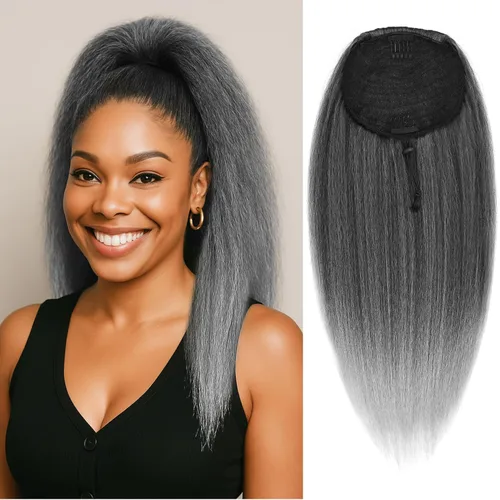 Vista 24 de Cola de caballo recta Yaki de 12 pulgadas con cordón para mujeres negras, sintética, gruesa, recta, longitud del hombro, extensión de cola