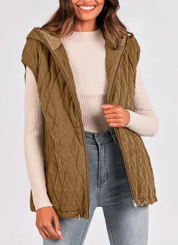 Vista 4 de PRETTYGARDEN Chaleco acolchado de otoño para mujer, casual, sin mangas, con capucha, con cremallera, abrigo de invierno