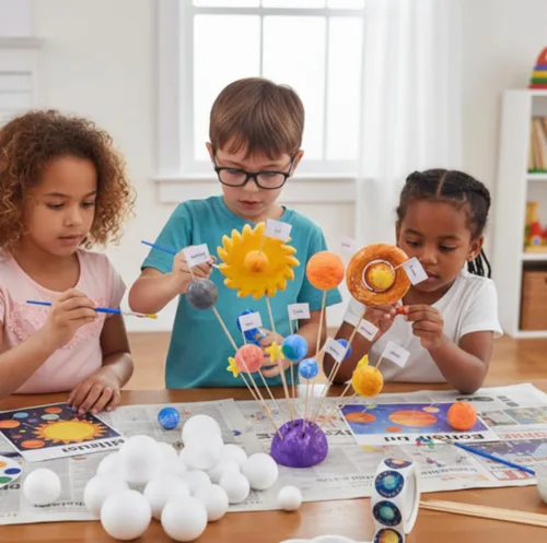 Vista 7 de Kit de modelo de sistema solar para manualidades, el kit de proyecto del sistema solar incluye bolas de espuma, bandeja de mezcla, cepillos, palos