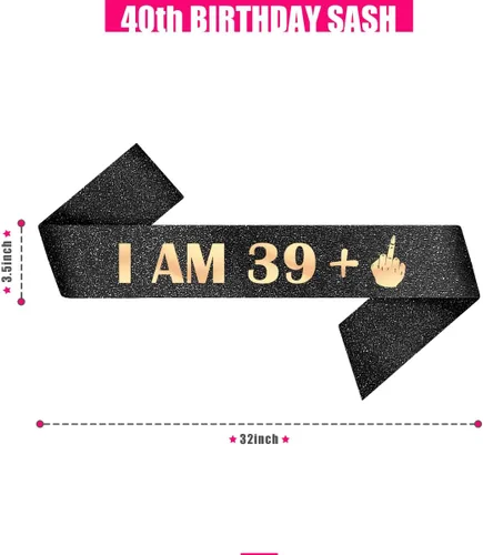 Vista 3 de PartyForever Cinta decorativa de cumpleaños número 40 para mujer, con texto "I AM 39 Plus 1 dedo medio, negro, 32 pulgadas de largo con letras