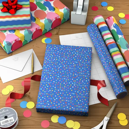 Vista 3 de Hallmark Mini rollos de papel de regalo de cumpleaños, paquete de 3 (rayas de arco iris, globos coloridos, lunares sobre azul) para graduaciones