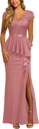 Vista 6 de MISSMAY Vestido largo de cóctel con volantes y encaje floral elegante para mujer Negro
