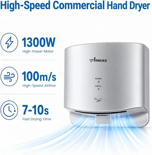 Vista 4 de Secador de manos comercial automático con detección de temperatura y flujo de aire de ajuste automático, secadora de manos compacta de alta Plata