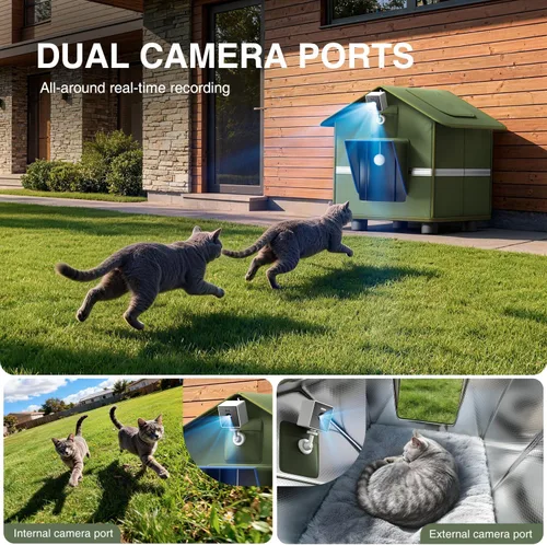 Vista 2 de Casa para gatos al aire libre con cámara 2K para un solo gato de hasta 12 libras, refugio aislado a la intemperie, puerta magnética, cámara de doble