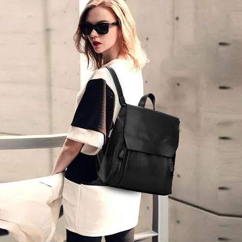 Vista 2 de Mochilas vintage para mujer, mochila de cuero de cera de aceite, bolso de mano, bolso de hombro, bolsas casuales para universidad, Negro