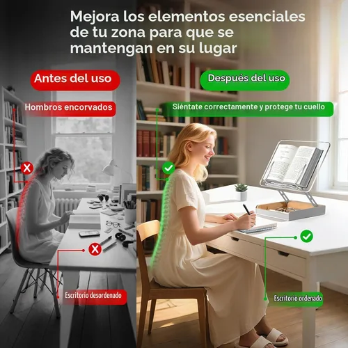 Vista 2 de Soporte para libros con almacenamiento, soporte para libros para lectura con manos libres, soporte de madera para libros de cocina para encimera