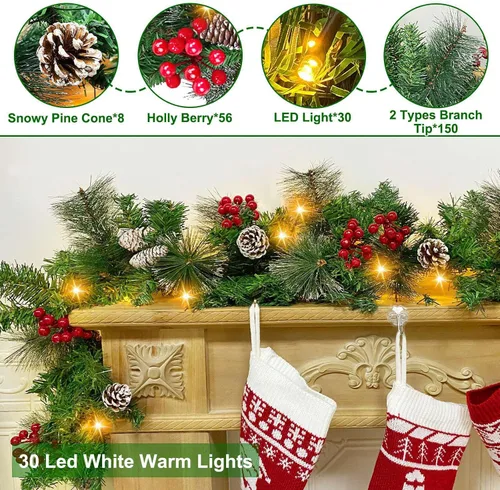 Vista 2 de TURNMEON Guirnalda de Navidad preiluminada de 6 pies por 10 pulgadas con temporizador, 30 luces cálidas, 8 piñas, pino con cerdas nevadas, 56 bayas