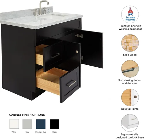 Vista 3 de DKB Bradford - Mueble de baño individual negro de 42 pulgadas con fregadero rectangular, encimera de mármol italiano de carrara con borde de 1.5