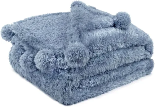 Vista 17 de PAVILIA Manta de sherpa negra para sofá, cálida manta de felpa con pompones, manta mullida para sofá, ligera, suave y acogedora con pompones, 50 x