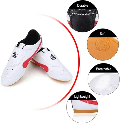 Vista 4 de Dilwe Taekwondo Zapatos, Cuero PU Taekwondo Zapatos de Boxeo Gimnasio Artes Marciales Zapatos para Adultos (38) Rojo, Rojo