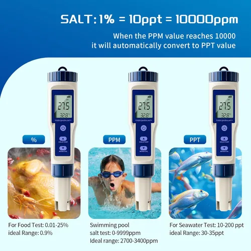 Vista 4 de ZuanXin - Medidor de pH 5 en 1 con función de PH/salinidad/TDS/EC/temperatura, pantalla de retroiluminación para probador TDS para agua potable