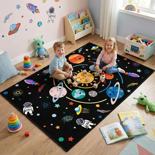 Vista 26 de Alfombra espacial para habitación de niños, alfombra de galaxia para niños, alfombras espaciales para dormitorio de niños, decoración