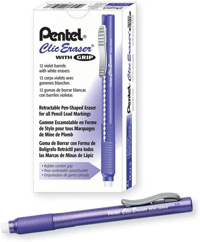 Vista 12 de Pentel Clic - Empuñadura de borrador, borrador retráctil, barril negro, caja de 12 unidades (ZE22A)