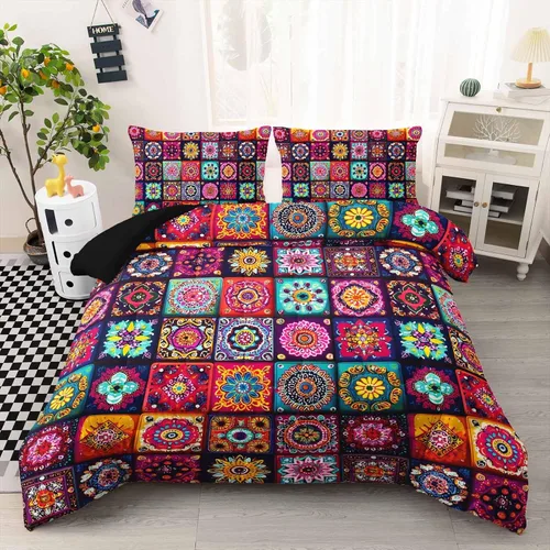 Vista 12 de AILONEN Juego de ropa de cama de 3 piezas, 1 edredón + 2 fundas de almohada, diseño floral adornado y medallones tonales para dormitorio gótico