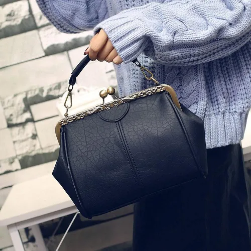 Vista 3 de ROUROU Bolso de mano hueco retro para mujer, bolso de hombro de cuero, bolso de mano de noche, cierre de beso, bolso cruzado, L