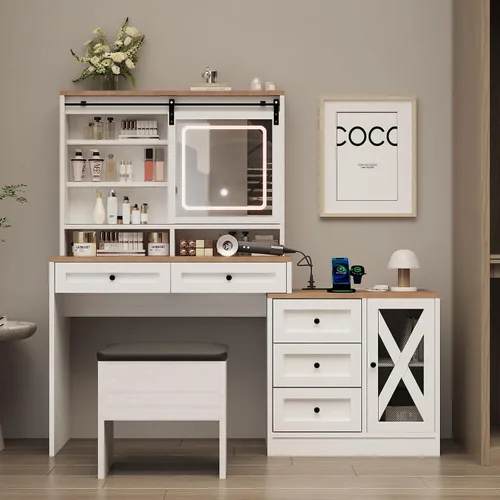 Vista 9 de Escritorio de maquillaje de granja de 56 pulgadas con espejo deslizante y luces, color blanco Rustic Dressing Table with Charging Station Power