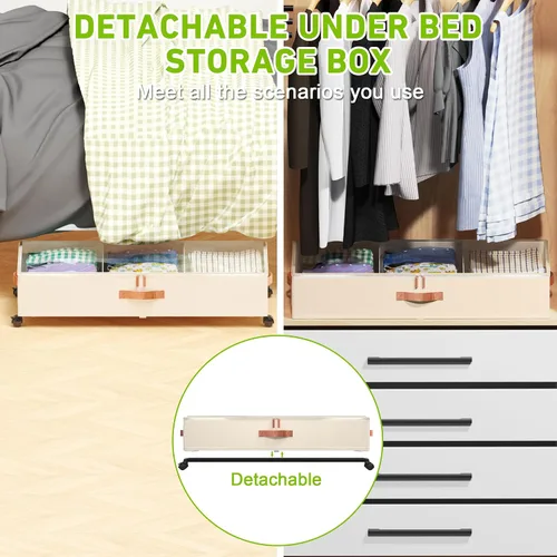 Vista 6 de Almacenamiento debajo de la cama con ruedas, paquete de 2 contenedores de almacenamiento debajo de la cama con tapas transparentes, XXL 65L debajo