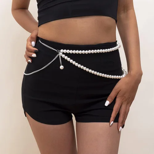 Vista 3 de Jumwrit Collar de cadena de perlas en capas y cinturón de cadena de cintura de plata, ajustable, accesorios para mujer, Perla, aleación