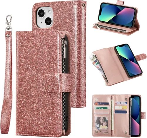 Vista 9 de UEEBAI Funda para iPhone 13 de 6.1 pulgadas, Cartera de piel sintética retro a prueba de golpes con función de soporte de ranuras para tarjetas Azul