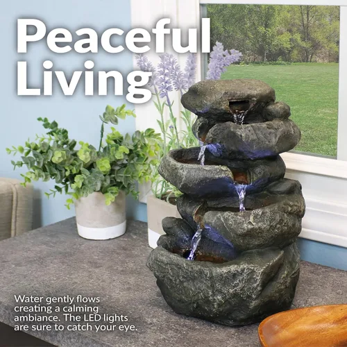 Vista 3 de sunnydaze Stacked Rocas mesa Fuente de agua con luces LED, 10.5 inch Rock Water Fountain with Calm Sounds for Meditation, Indoor Desk Water