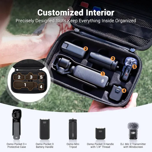 Vista 3 de Kiorafoto Funda rígida OSMO Pocket 3, bolsa de protección portátil de EVA con correa larga de 53.54 pulgadas y 3 fundas para tarjetas MicroSD