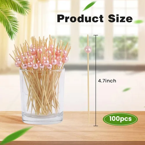 Vista 2 de 100 palillos de cóctel, palillos de dientes elegantes para aperitivos hechos a mano de bambú, palitos de perlas rosadas, palillos de alimentos