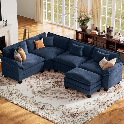 Vista 134 de Sofá modular de gran tamaño de 154 pulgadas, cómodo sofá en forma de U con 3 otomanas móviles, sofá moderno de felpilla de 7 plazas para sala