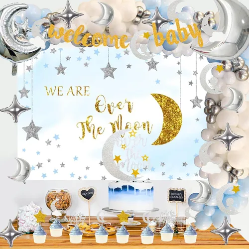 Vista 6 de 154 piezas de decoración de baby shower sobre la luna, Fiesec We Are Over The Moon Baby Shower, decoración de telón de fondo de globos, guirnalda