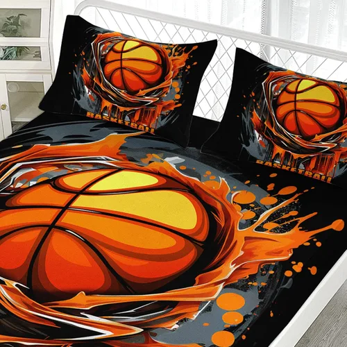 Vista 4 de AILONEN Juego de sábanas deportivas de baloncesto de dibujos animados de 3 piezas para niños tamaño completo, juego de sábanas de cama de baloncesto