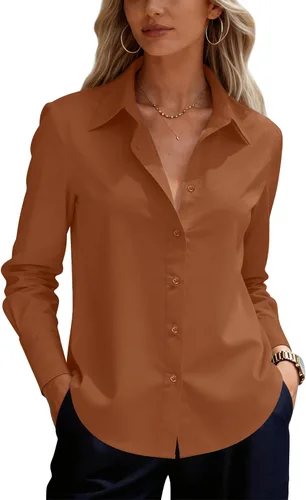 Vista 29 de siliteelon Camisas de vestir con botones para mujer, camisas de vestir de manga larga para mujer, camisas de trabajo de algodón de ajuste regular