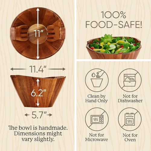 Vista 2 de Night Tree Ensaladera grande de madera con tenedores para servir, juego de ensaladera de madera para alimentos o frutas, utensilios magnéticos aptos