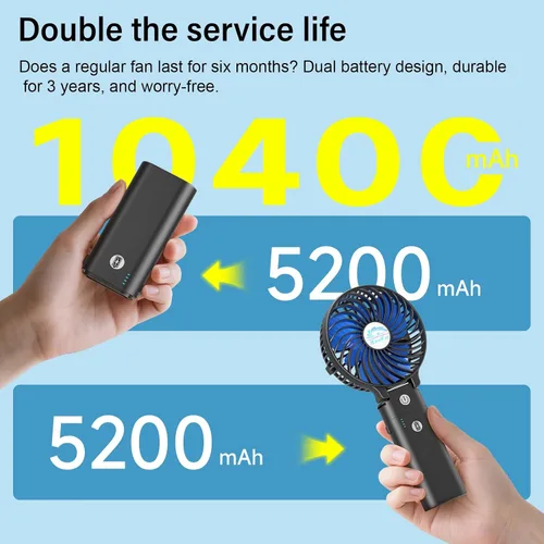 Vista 3 de HandFan Ventilador de mano portátil de 10400 mAh, ventilador de mano de larga duración de 40 horas recargable, mini ventiladores personales Hoja azul