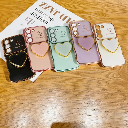 Vista 7 de Funda para Samsung Galaxy S22 Love-Heart Holder Case Cute Black Luxury Wave Frame forma rizada con corazón de amor, cubierta protectora de TPU suave