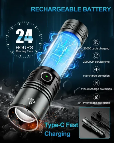 Vista 7 de Linterna LED recargable con lente de encendido, linternas EDC de 1500 lúmenes, 5 modos con zoom, tipo C, linternas tácticas de mano de alta potencia