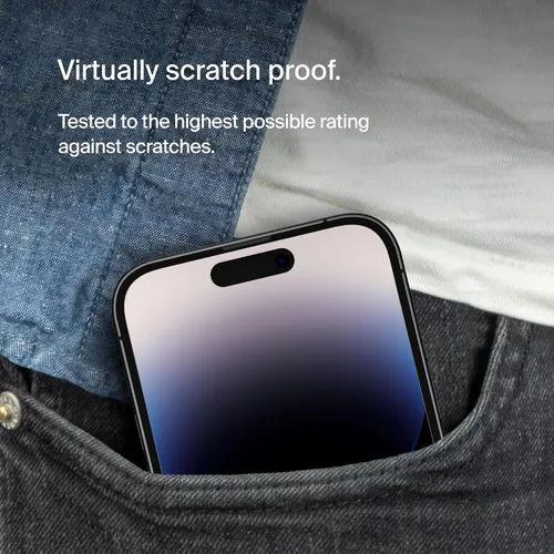 Vista 2 de Belkin ScreenForce - Protector de pantalla de privacidad de vidrio templado para iPhone 14 Pro, superficie tratada con revestimiento antihuellas