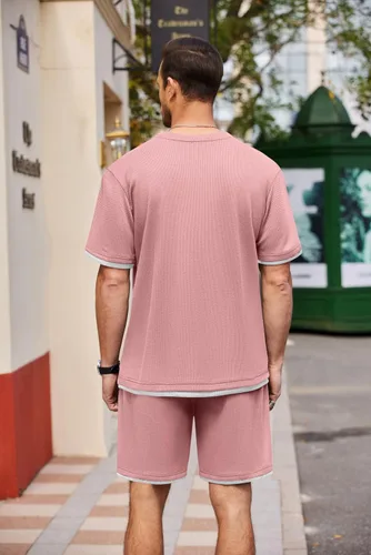 Vista 15 de COOFANDY Conjunto de camisa y pantalones cortos de gofre para hombre, conjunto de 2 piezas, conjunto casual de verano con bolsillos
