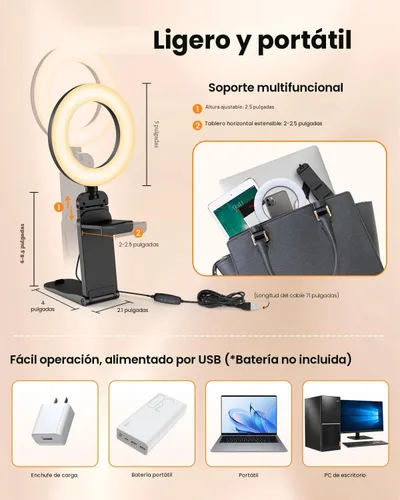 Vista 7 de Evershop Luz de Anillo para Portátil con Clip de Escritorio, Iluminación de Videoconferencia de Computadora Pequeña con Soporte para Teléfono/Cámara