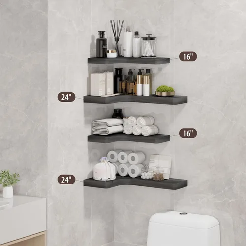 Vista 2 de SAUMONIERES Estantes flotantes de esquina de madera maciza para dormitorio, baño, cocina, almacenamiento, juego de 3, negro, soportes invisibles