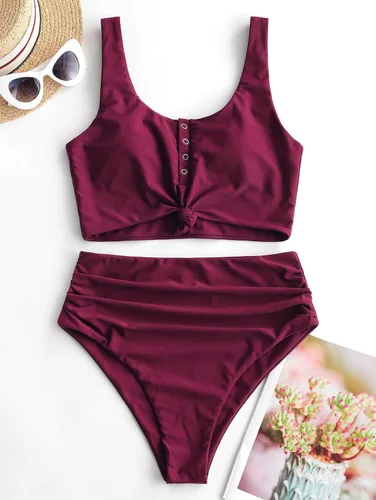 Vista 5 de ZAFUL - Traje de baño estilo bikini de dos piezas con cuello redondo y cintura alta para mujer