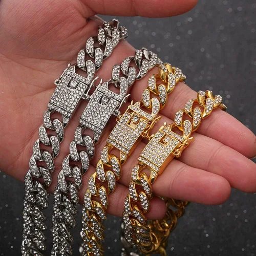 Vista 4 de MOFEIJEWEL Miami Cuban Link Chain Necklace Bling CZ Diamonds Chain Iced Out Hip Hop Jewelry Gifts for Men Women Gold Silver 18" 20" 22