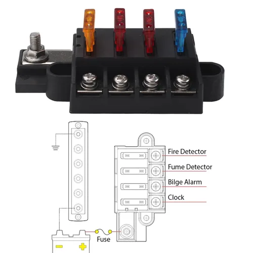 Vista 4 de Caja de fusibles de hoja de 4 vías con cubierta DC 32V ATO Blade Fuse Box Block Holder para coche barco