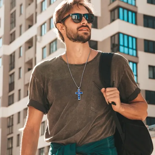 Vista 15 de Collar de cruz para hombre, piedras preciosas de color piedra natal de circonita cúbica, collar de acero inoxidable para hombre, cadena de 24