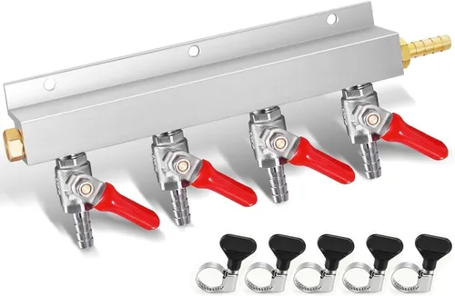 Vista 8 de Colector de CO2, distribuidor de gas de CO2 de 4 vías OD 5/16 pulgadas para púas de barril de cerveza, divisor de CO2 Kegerator con válvulas
