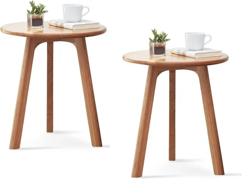 Vista 24 de Juego de mesa de café 100% de madera de roble macizo, mesa de café redonda combinada mesa auxiliar con patas de madera maciza, mesa de mediados