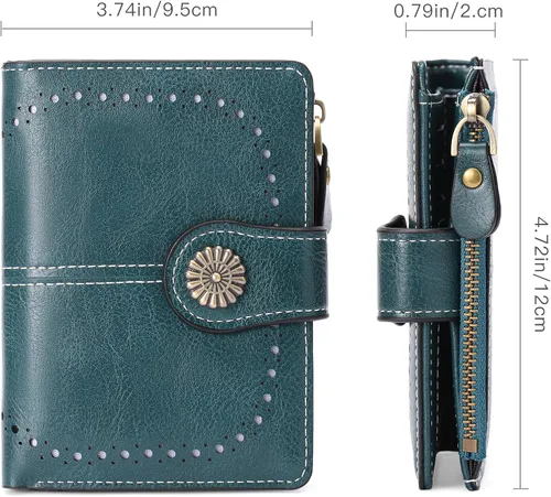 Vista 4 de Billetera pequeña para mujeres bifold portador de tarjetas de crédito con bloqueo RFID con bolsillo con cremallera, A01 verde , Compacto