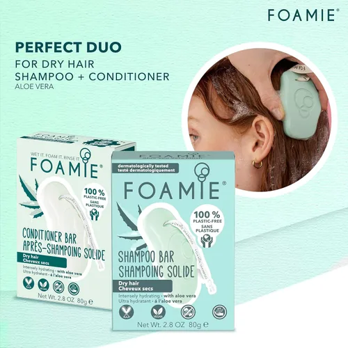 Vista 5 de Foamie Acondicionador sólido para cabello seco con aloe vera que hidrata intensamente el cabello, 100% vegano, sin plástico y sin sulfato, 2.82 oz