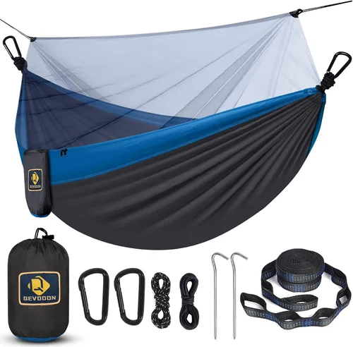 Vista 7 de Qevooon Hamaca de camping con red, hamacas ligeras portátiles de viaje con correas para árboles y mosquetones sólidos en forma de D, hamaca de Negro