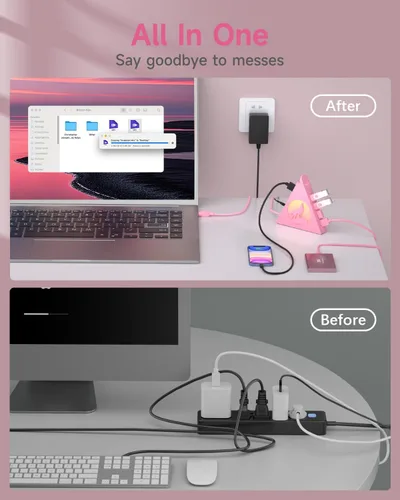 Vista 5 de Hub USB 3.0 alimentado, concentrador de 6 puertos (4 puertos de datos USB 3.0 + 2 puertos de carga inteligente) con adaptador de CA de 48 W, luz Rosa