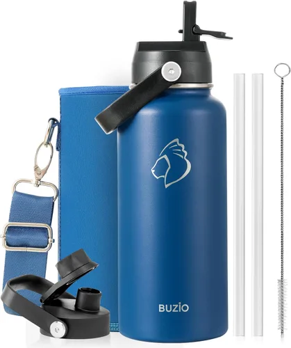 Vista 17 de BUZIO Botella de agua aislada de 24 oz, frasco de agua de boca ancha de acero inoxidable con tapa de pajita, frío durante 48 horas a prueba de Negro